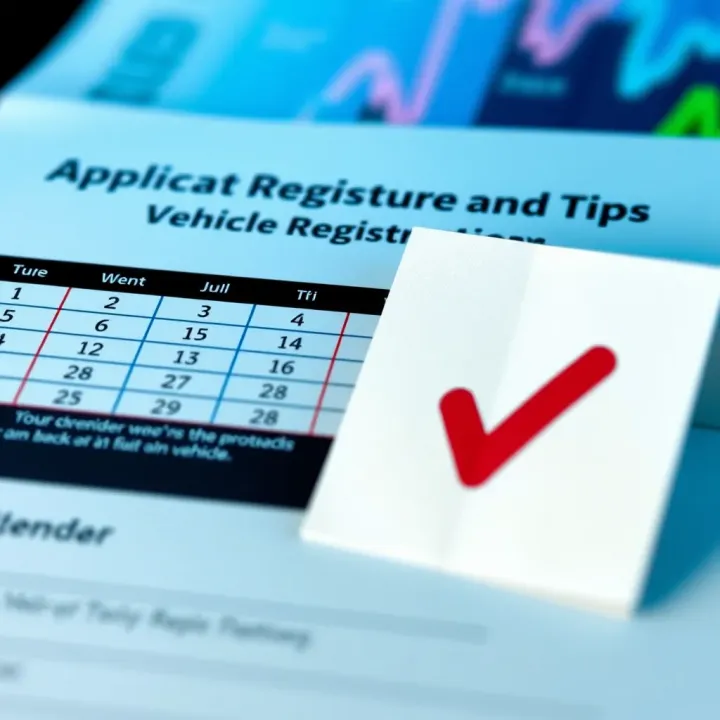 Graphic of a vehicle registration form accompanied by a calendar and a tick mark representing the application procedure and tips for vehicle owners in Victoria