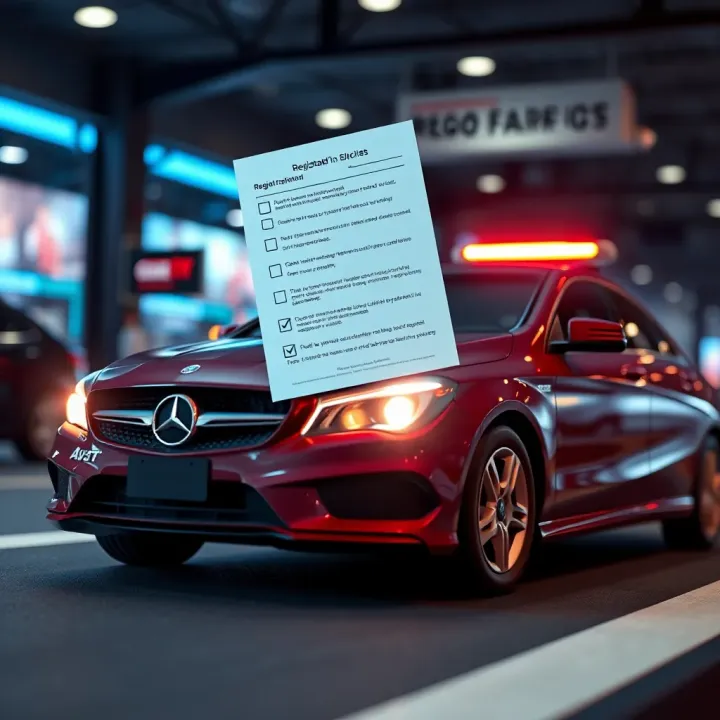 Illustration showing a car with a registration certificate and a checklist symbolizing the benefits and eligibility of the VicRoads Rego Fair Go program