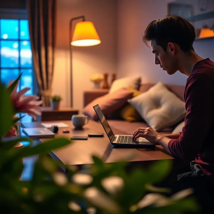 Illustration showing a person using a laptop to resolve a dispute through the Fair Go Portal at home