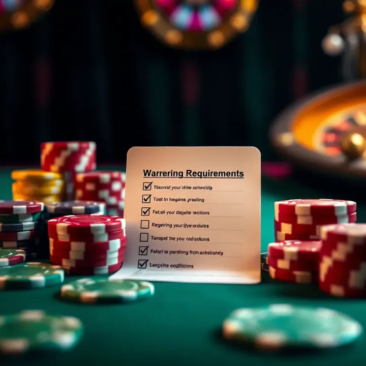 Understanding Wagering Requirements for Casino Bonuses Graphic showing wagering requirements concept with casino chips and a checklist highlighting key bonus conditions